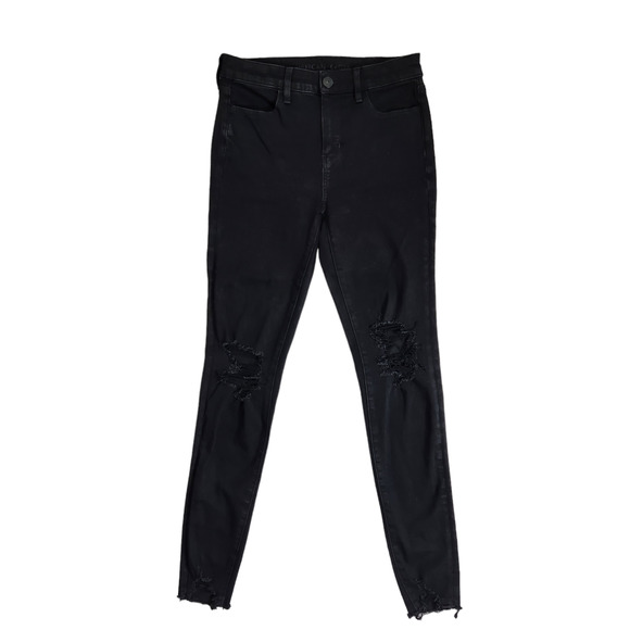 American Eagle Womens Dream Jeans 8 X-Long Hi-Rise Jegging Black Distressed - Picture 1 of 11